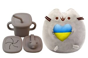 М'яка іграшка Pusheen cat S&T з серцем і Поільник-непроливайка ведмедик силіконовий Какао (vol-10566)