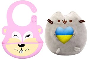 М'яка іграшка Pusheen cat S&T з серцем і Силіконовий слинявчик 3Д Білка Рожева (vol-10576)