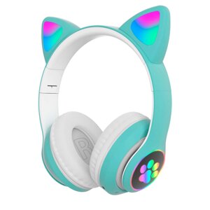 Навушники Cute Headset "Котячі вушка" бездротові 280ST Bluetooth, MicroSD, FM-Радіо Зелені