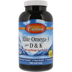 Омега 3 + вітамін Д3 і вітамін К Omega-3 Plus D & K Carlson Labs 180 гелевих капсул