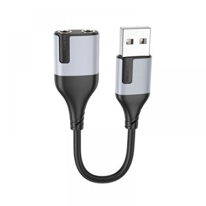 Перехідник Borofone BV19 External Creator 2-in-1 USB - A to 2 x AUX 3.5mm female IN та OUT 15см Чорний