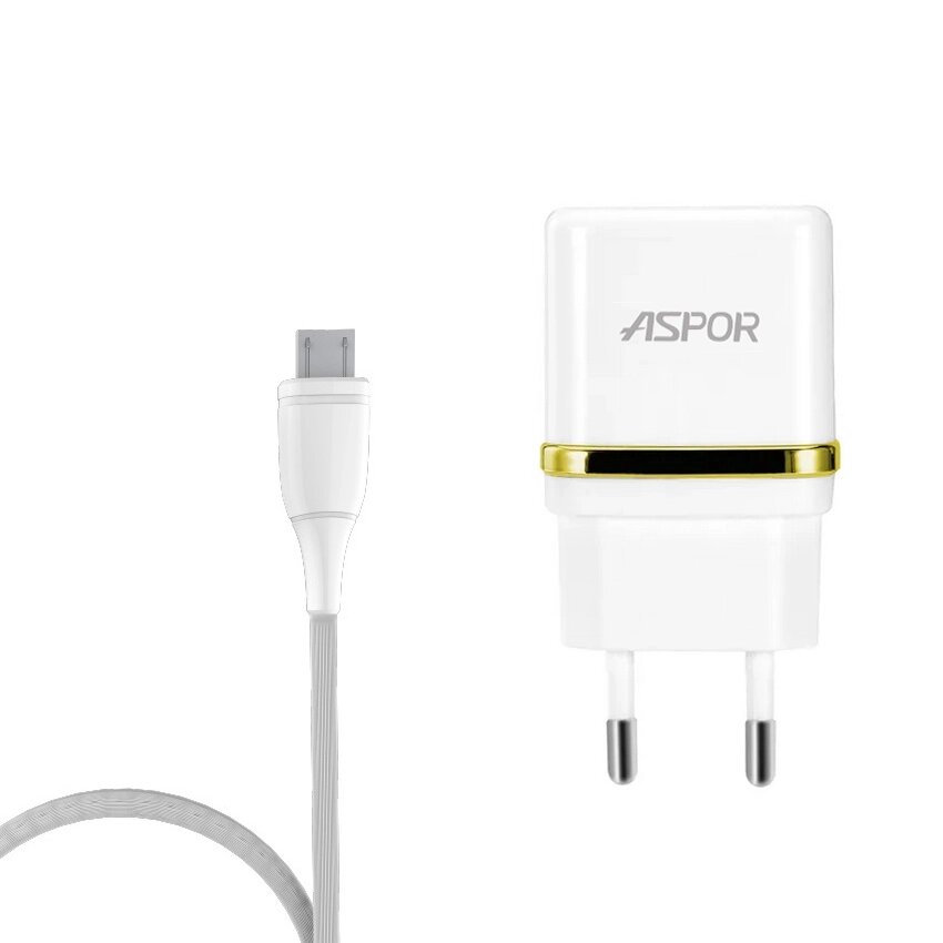 Мережевий зарядний пристрій для кабель Aspor A828 Eco 2USB/2.4A + USB – Micro- білий - Hubber