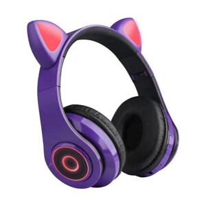 Повнорозмірні навушники бездротові Cat Headset Y 047 Bluetooth з підсвічуванням і котячими вушками Фіолетові Violet