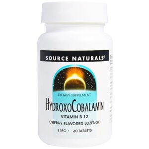 Вітамін B12, 1 мг, гідроксокобаламін, смак вишні, Hydroxocobalamin, Source Naturals, 60 таблеток