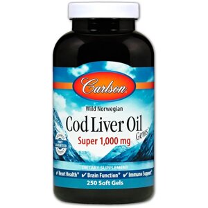 Жир із печінки Норвезької Тріски 1000 мг Cod Liver Oil Carlson 250 гелевих капсул