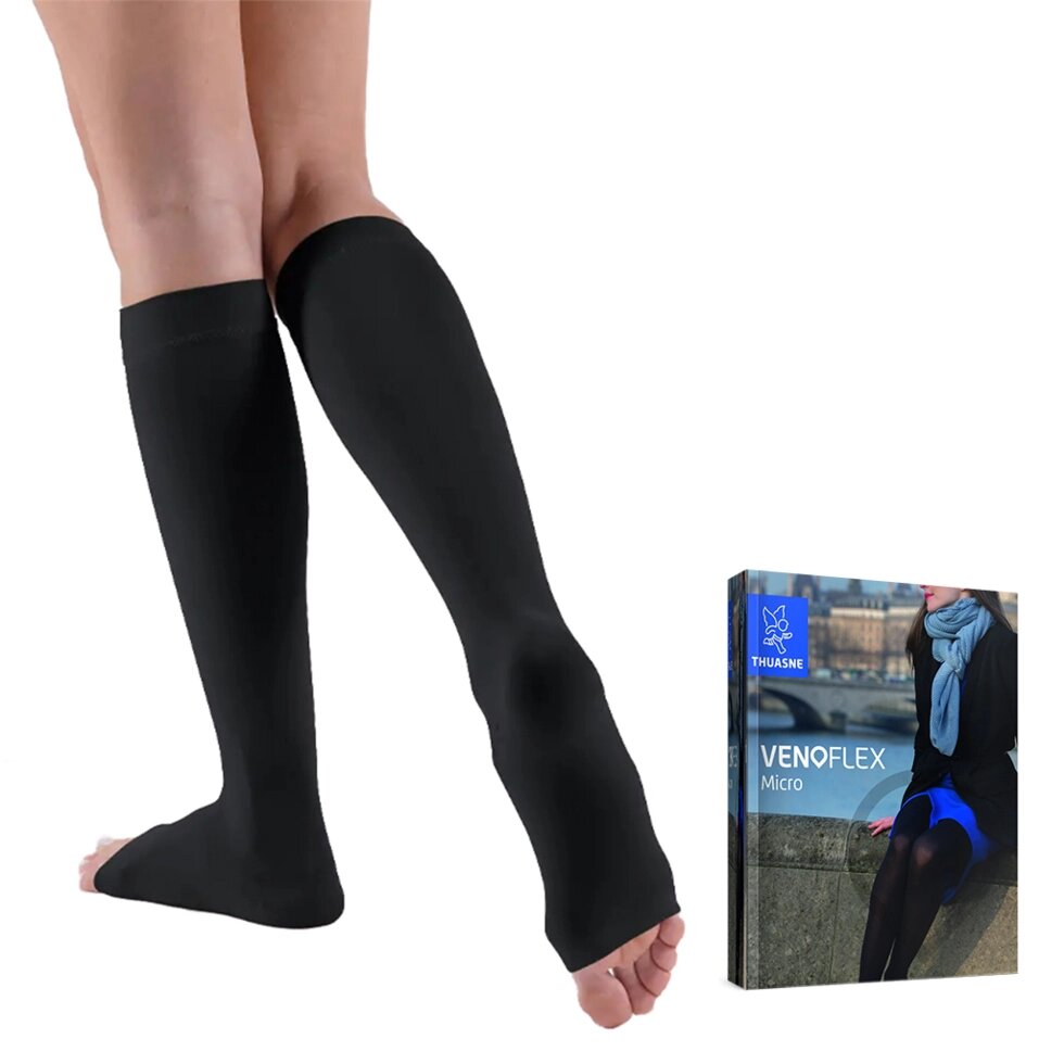 Гольфи жіночі компресійні Venoflex Micro 2 клас з відкритим носком, чорні, подовжені від компанії Med-oborudovanie - фото 1