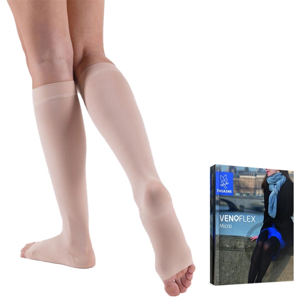 Гольфи жіночі компресійні Venoflex Micro 2 клас з відкритим носком, карамельні, подовжені від компанії Med-oborudovanie - фото 1