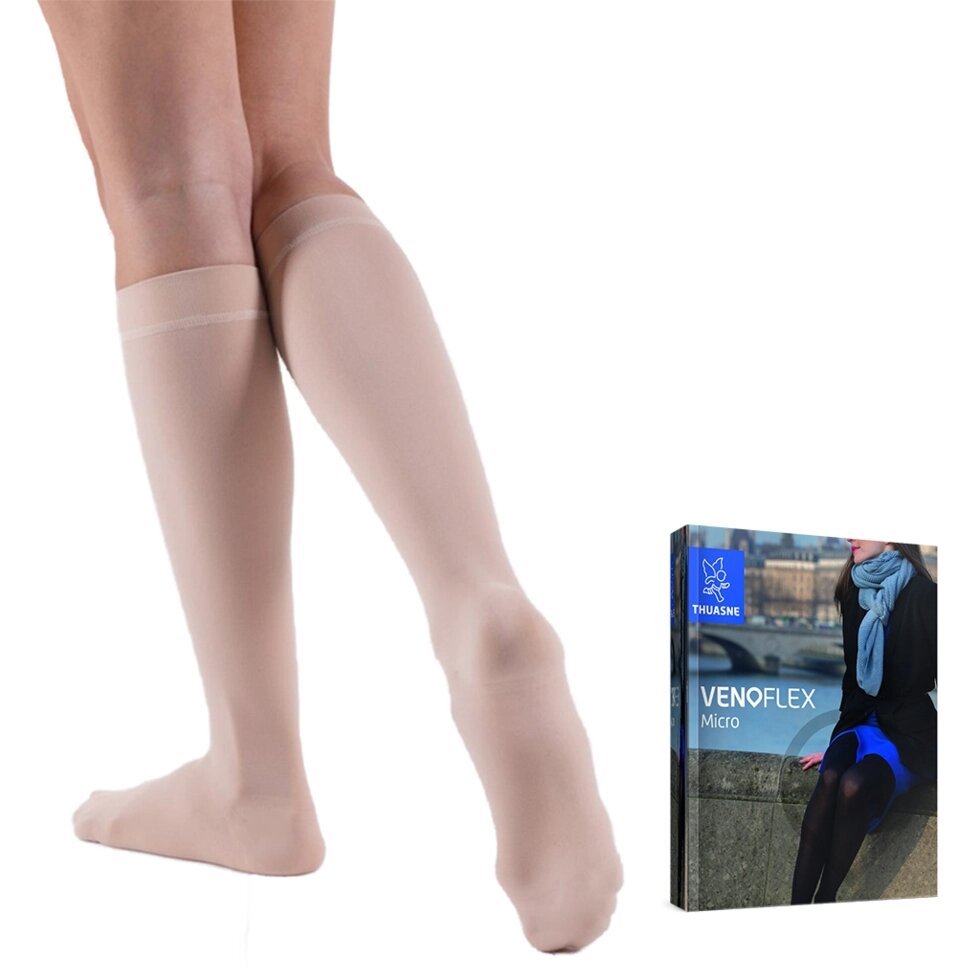 Гольфи жіночі компресійні Venoflex Micro 2 клас з закритим носком, карамельні, подовжені від компанії Med-oborudovanie - фото 1