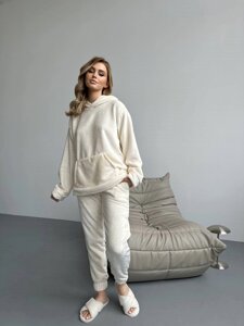Домашній костюм-піжама (худі вільного крою капюшон + штани) махра білий