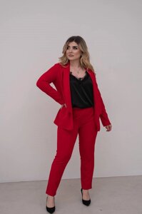 Костюм-трійка (піджак + штани + шовкова майка з французьким мереживом) червоний із чорною майкою