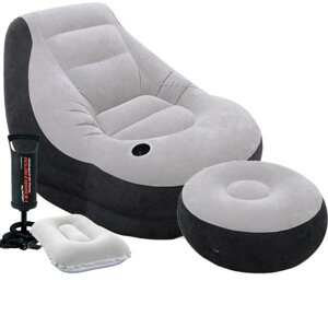 Надувне крісло Intex з пуфіком + ручним насосом і подушкою