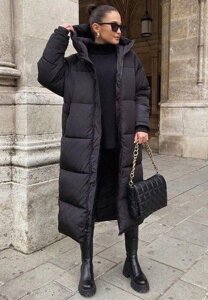 Пальто зимове міді на блискавці з капюшоном плащівка + силікон чорний