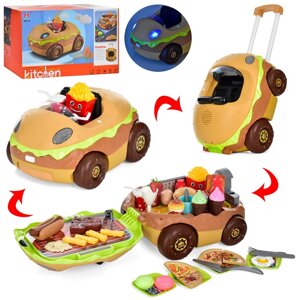 Дитячий ігровий набір Магазин кухня на колесах машина-чемодан 40 пр Гриль Посуд Продукти звук світло xj376
