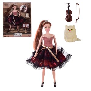 Лялька шарнірна з довгим волоссям у красивій сукні з котиком та скрипкою 29 см "Emily" QJ100