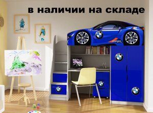 Ліжко машина горище машинка BMW БМВ зі столом, комодом та шафою білий синій з матрацом і з тумбою