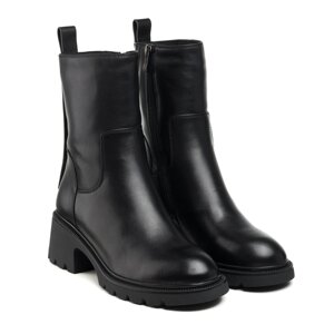 Ботинки черные зимние кожаные женские высокие на платформе и среднему устойчивом каблуке на цегейке Geronea 41
