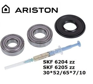 Підшипники + сальник комплект для пральної машини Ariston SKF 6204 + 6205 + сальник 30*52/65*7/10 + мастило