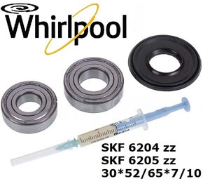 Підшипники + сальник комплект для пральної машини Whirlpool SKF 6204 + 6205 + сальник 30*52/65*7/10 + мастило