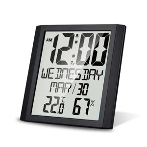 Цифровий настінний годинник із термометром, гігрометром, календарем. Великий електронний годинник 20x20 см. Чорний