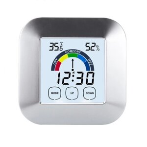 Електронний настільний годинник із термометром і гігрометром, цифровий на батарейках — Срібло