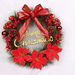 Новорічний, різдвяний вінок на двері 40 см штучний, з шишками та ялиною - Червоний