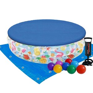Дитячий надувний басейн Intex 59460-3 «Фрукти», 122 х 25 см, з м'ячиком та колом, з кульками 10 шт, тентом, підстилкою,