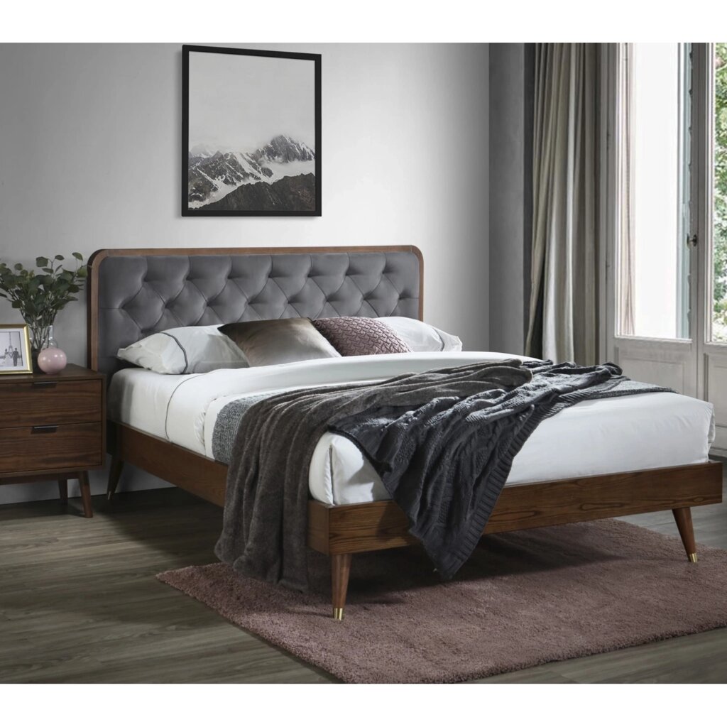 Ліжко з м'якою оббивкою 160x200 CASSIDY Сірий/Горіх Velvet Quilted Modern Loft від компанії AquaDom - фото 1