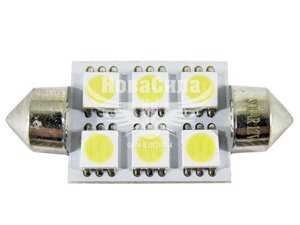 Лампочка 2-х цокольна LED T11_C5W SMD біла 6-діодів 12V-5 Вт SV8.5-8 39мм. (Solar) (упак. 10шт.) LS253_P