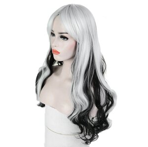 Довгі перуки RESTEQ - 71 см, чорно-біле хвилясте волосся, косплей, аніме.