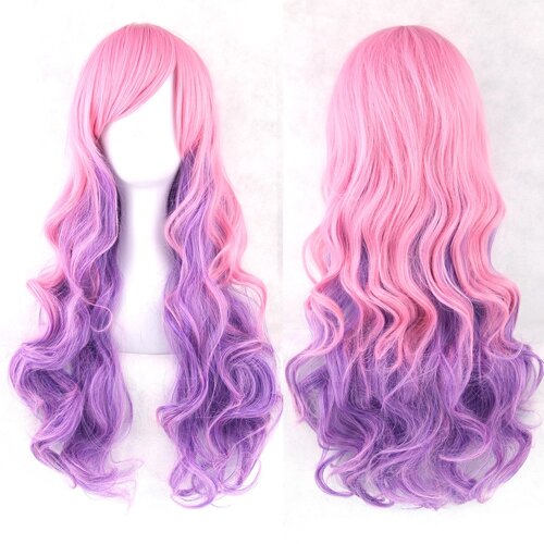 Довга перука RESTEQ -70 см, рожево-фіолетовий, хвилясте волосся з косою чубчиком, косплей, аніме