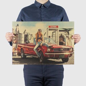 Ретро плакат Mustang RESTEQ із щільного крафтового паперу 51x36cm. Постер червоний Мустанг