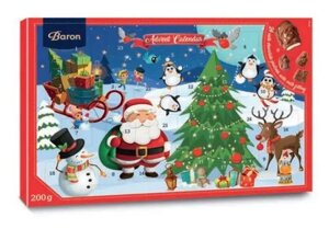 Набір Подарунок Новорічний Адвент календар Baron Advent calendar Santa snow шоколадні фігурки Дитячий 200г