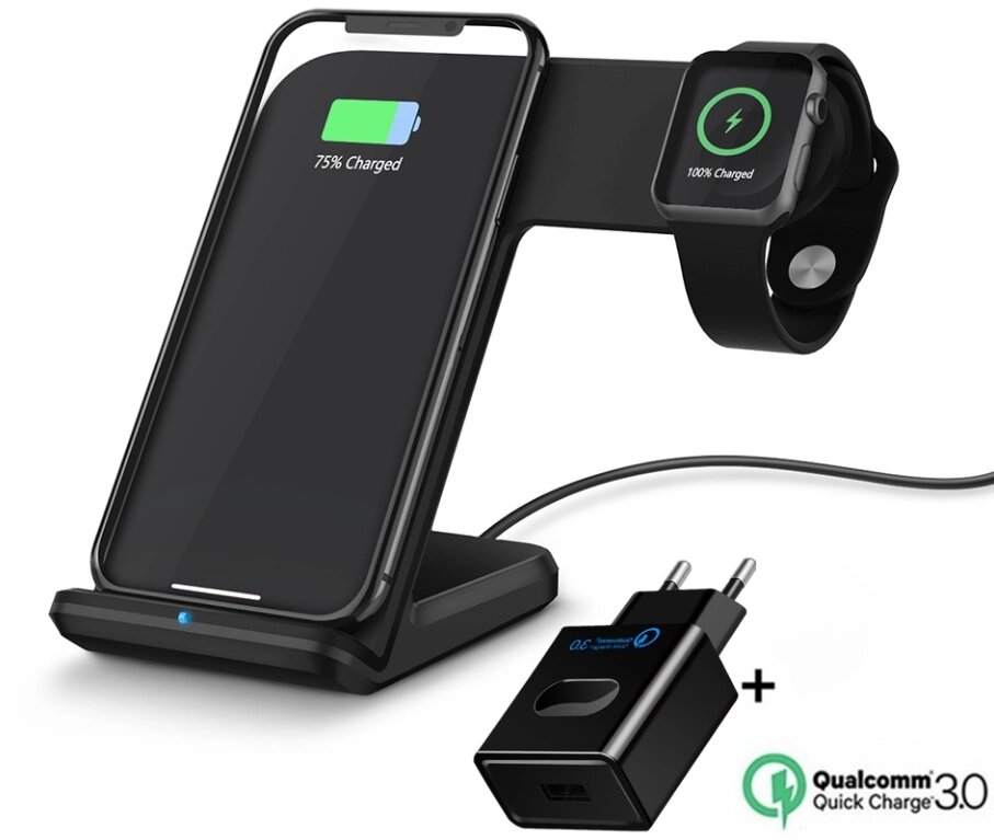 Бездротове зарядний пристрій підставка Primo Qi Wireless для смартфона і Apple Watch - Black від компанії Інтернет-магазин "FotoUSB" - фото 1