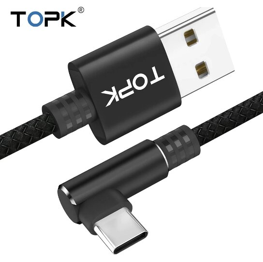 Кабель кутовий L-подібний TOPK Nylon L-AN01 USB Type-C 1m - Black від компанії Інтернет-магазин "FotoUSB" - фото 1