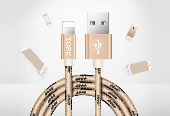 Кабель TOPK Nylon USB Lightning 1m - Gold від компанії Інтернет-магазин "FotoUSB" - фото 1