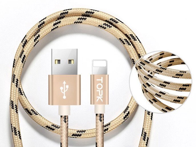 Кабель TOPK Nylon USB Lightning 3m - Gold від компанії Інтернет-магазин "FotoUSB" - фото 1