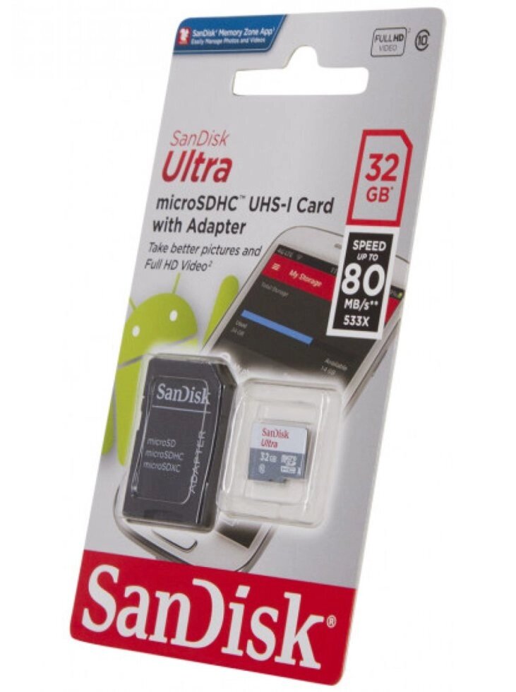 Карта пам'яті 32 Gb microSD SanDisk Ultra UHS-I з адаптером (SDSQUNS-032G-GN3MA) від компанії Інтернет-магазин "FotoUSB" - фото 1