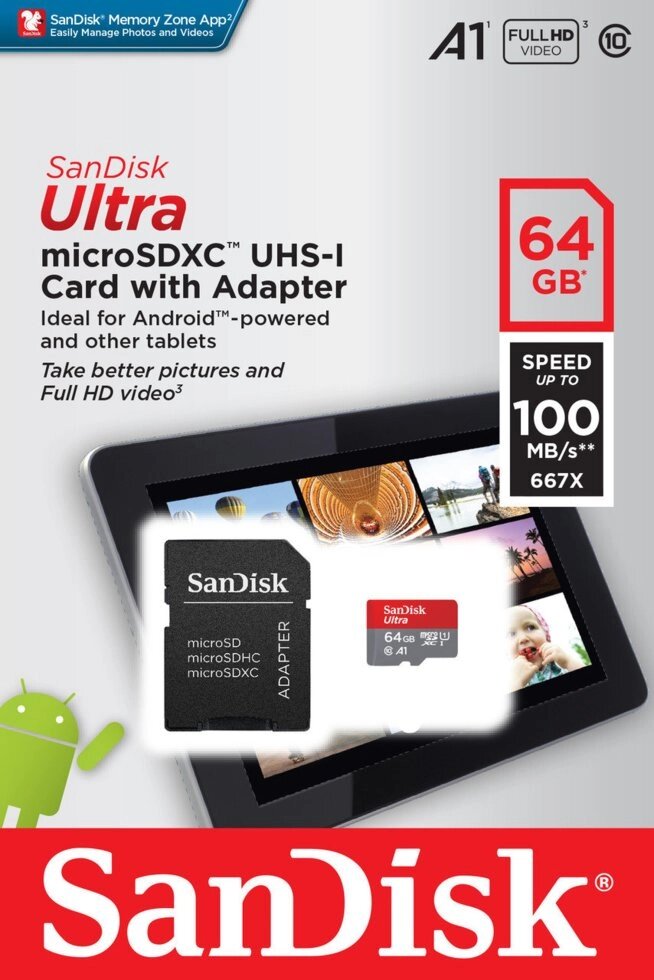 Карта пам'яті 64 Gb microSD SanDisk Ultra A1 100Mb / s з адаптером (SDSQUAR-064G-GN6TA) від компанії Інтернет-магазин "FotoUSB" - фото 1