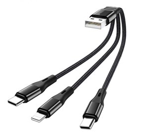 USB кабель Primo X47-2 3-in-1 iPhone / 2 x Type-C короткий 20см - Black