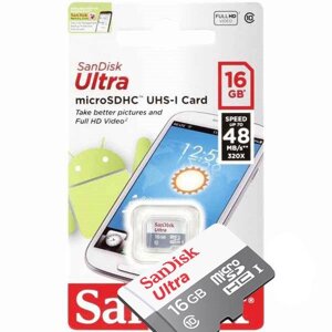 Карта пам'яті 16 GB microSD SanDisk Ultra UHS-I без адаптера (48Mb / s) (SDSQUNB-016G-GN3MN)