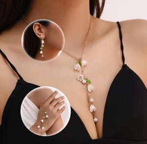 Набір біжутерії Primo Lily кольє, браслет, сережки з підвіскою у формі квітів та перлин – Gold