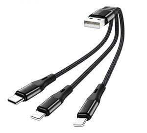 USB кабель Primo X47-3 3-in-1 Type-C / 2 x iPhone короткий 20см - Black