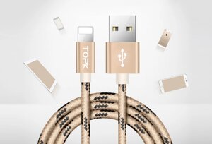 Кабель TOPK Nylon USB Lightning 1m - Gold в Запорізькій області от компании Интернет-магазин "FotoUSB"