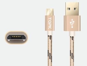 Кабель TOPK Nylon USB MicroUSB 1m - Gold