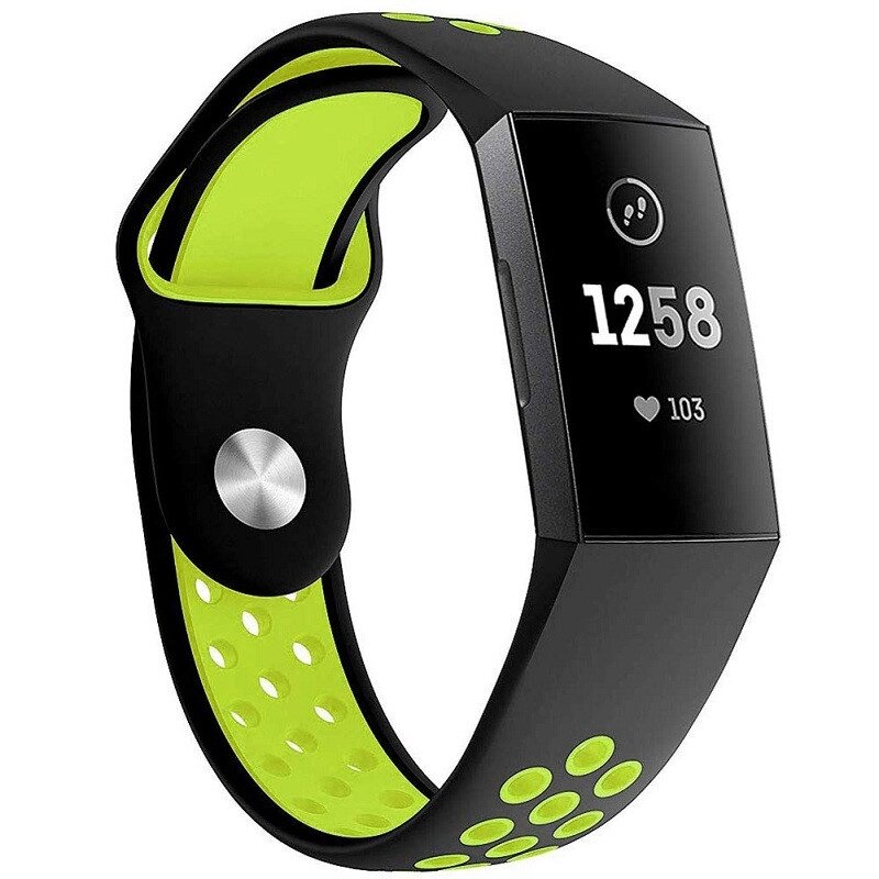 Силіконовий ремінець Primolux з перфорацією для фітнес браслета Fitbit Charge 3/4 - Black & Green / розмір S від компанії Інтернет-магазин "FotoUSB" - фото 1