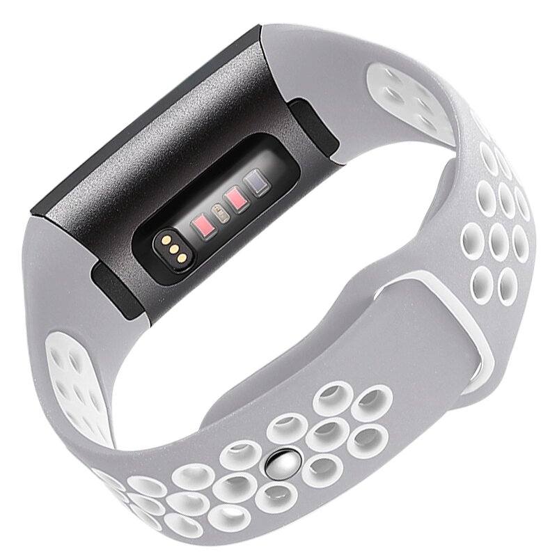 Силіконовий ремінець з перфорацією для фітнес браслета Fitbit Charge 3 (FB409 / FB410) - Grey & White / розмір L від компанії Інтернет-магазин "FotoUSB" - фото 1