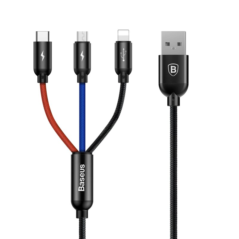 USB кабель Baseus Three Primary Colors 3-in-1 MicroUSB + Lightning + Type-C - 3.5A / 1.2m від компанії Інтернет-магазин "FotoUSB" - фото 1