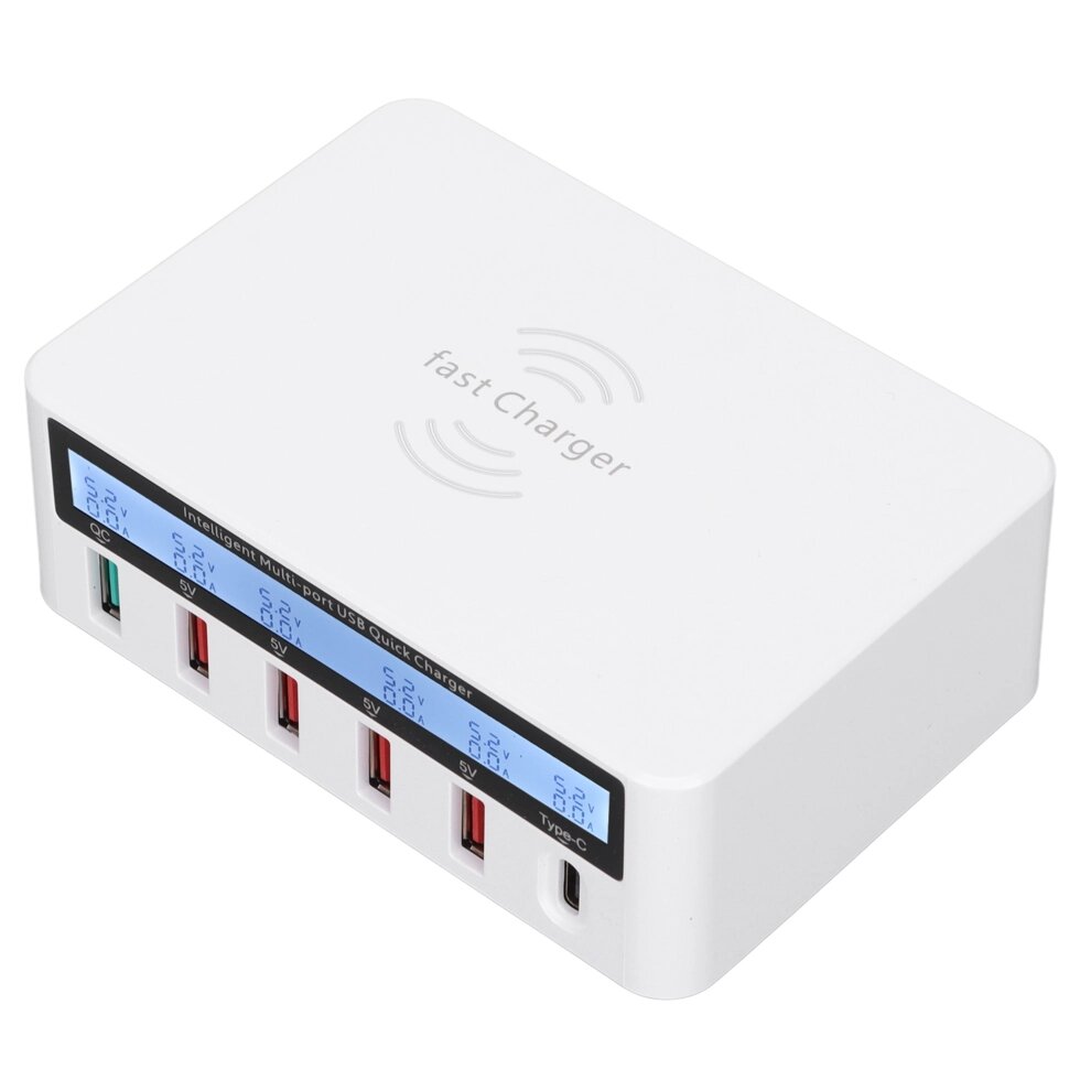 Зарядний пристрій WLX-818PF 100W 1xUSB QC3.0 / 4xUSB / 1xPD Type-C / бездротова зарядка Qi 10W - White від компанії Інтернет-магазин "FotoUSB" - фото 1