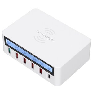 Зарядний пристрій WLX-818PF 100W 1xUSB QC3.0 / 4xUSB / 1xPD Type-C / бездротова зарядка Qi 10W - White