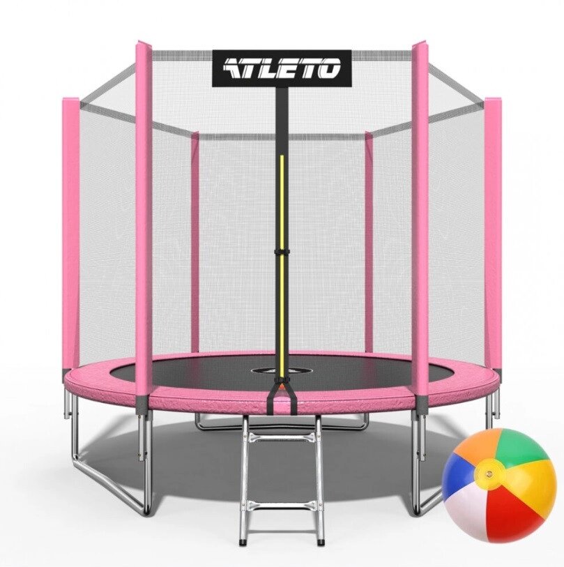 Батут для дітей діаметром 312 см Atleto c зовнішньою сіткою та драбинкою, колір рожевий. М'ячик у подарунок від компанії Інтернет-магазин "мегасфера" - фото 1